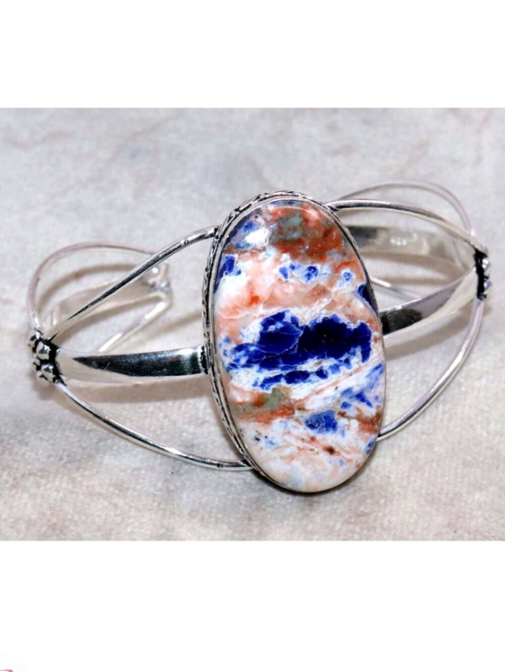 Sodalite Gemstone Jewelry 925 Sterling Silver Handmade Adjustable Cuff Bracelet